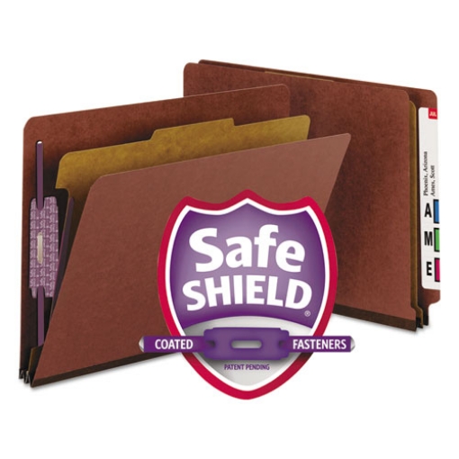 Picture of End Tab Pressboard Classification Folders, Four SafeSHIELD Fasteners, 2" Expansion, 1 Divider, Letter Size, Red, 10/Box