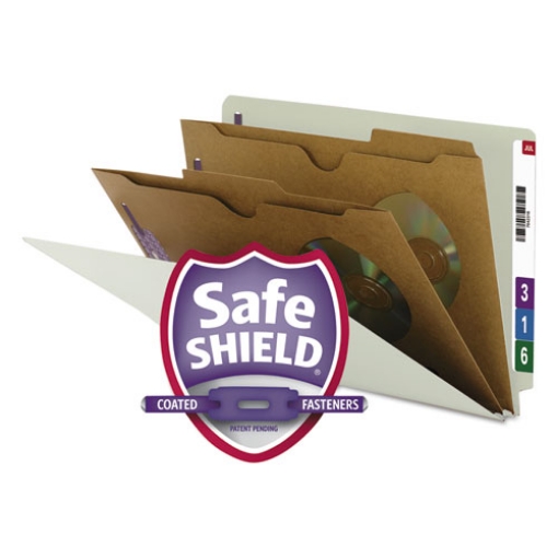 Picture of x-heavy end tab pressboard classification folders, six safeshield fasteners, 2 dividers, legal size, gray-green, 10/box