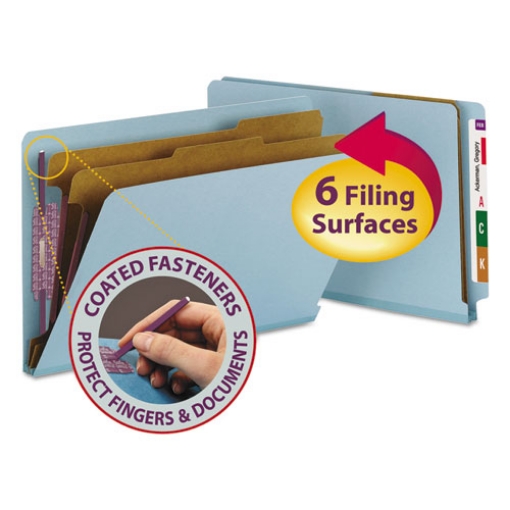 Picture of End Tab Pressboard Classification Folders, Six SafeSHIELD Fasteners, 2" Expansion, 2 Dividers, Legal Size, Blue, 10/Box