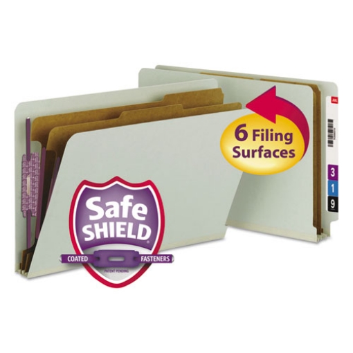 Picture of End Tab Pressboard Classification Folders, Six SafeSHIELD Fasteners, 2" Expansion, 2 Dividers, Legal Size, Gray-Green, 10/Box