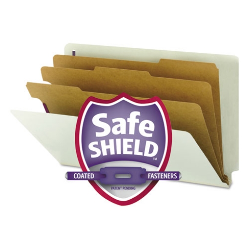 Picture of End Tab Pressboard Classification Folders, Eight SafeSHIELD Fasteners, 3" Expansion, 3 Dividers, Legal Size, Gray-Green,10/BX