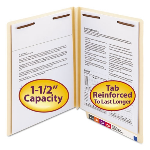 Picture of end tab w-fold fastener folders with reinforced tabs, 1.5" expansion, 2 fasteners, letter size, manila, 50/box