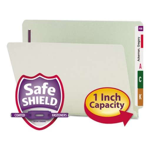 Picture of End Tab Pressboard Classification Folders, Two SafeSHIELD Coated Fasteners, 1" Expansion, Letter Size, Gray-Green, 25/Box