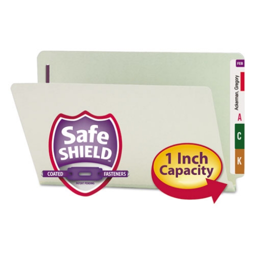 Picture of End Tab Pressboard Classification Folders, Two SafeSHIELD Coated Fasteners, 1" Expansion, Legal Size, Gray-Green, 25/Box