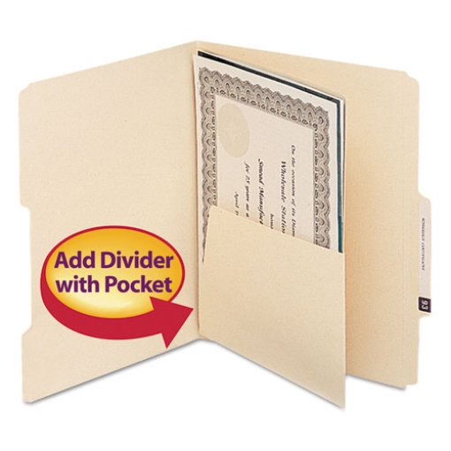 Picture of self-adhesive folder dividers with 5.5" pockets for top/end tab folders, 1 fastener, letter size, manila, 25/pack