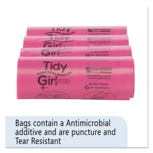 Picture of Feminine Hygiene Sanitary Disposal Bags, 4" x 10", Pink/Black, 150 Bags/Roll, 4 Rolls/Carton