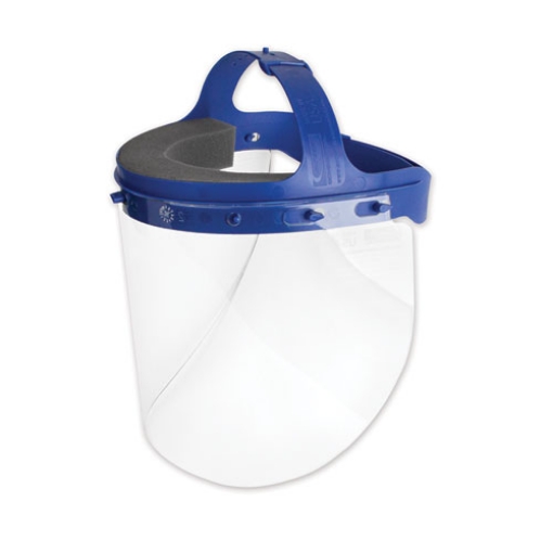 Picture of fully assembled full length face shield with head gear, 16.5 x 10.25 x 11, clear/blue, 16/carton