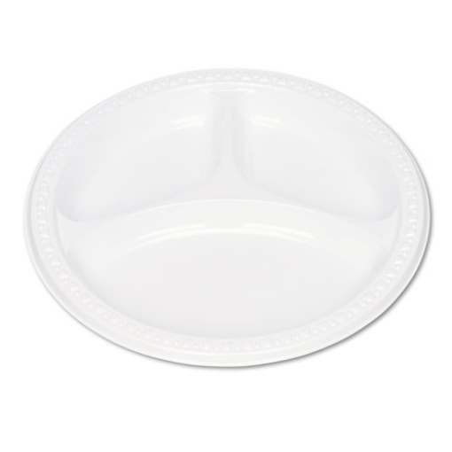 Picture of Plastic Dinnerware, Compartment Plates, 9" Dia, White, 125/pack