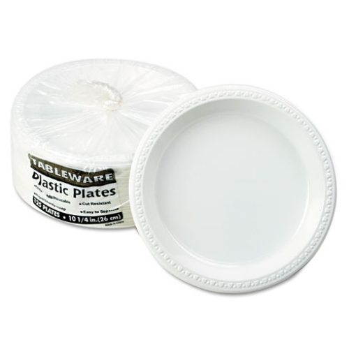 Picture of Plastic Dinnerware, Plates, 10.25" Dia, White, 125/pack