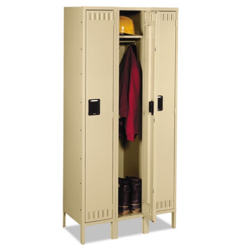 Picture of single-tier locker with legs, three lockers with hat shelves and coat rods, 36w x 18d x 78h, sand