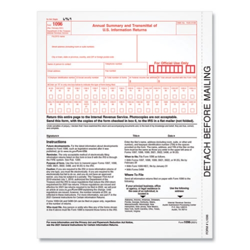 Picture of 1096 Tax Form for Inkjet/Laser Printers, Fiscal Year: 2023, One-Part (No Copies), 8 x 11, 10 Forms Total