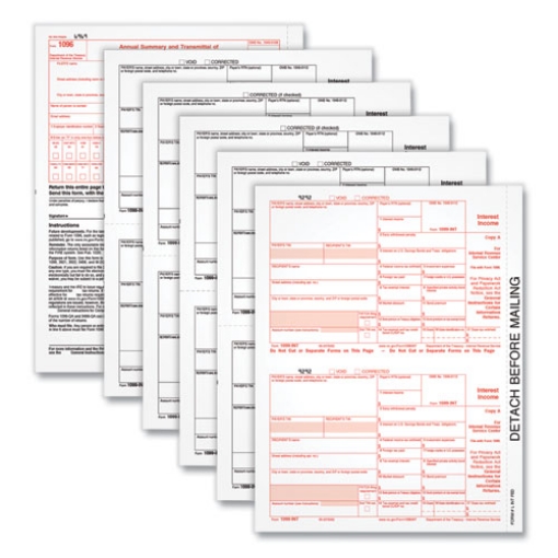 Picture of 1099-INT Tax Forms for Inkjet/Laser Printers, Fiscal Year: 2023, Five-Part Carbonless, 8 x 5.5, 2 Forms/Sheet, 24 Forms Total