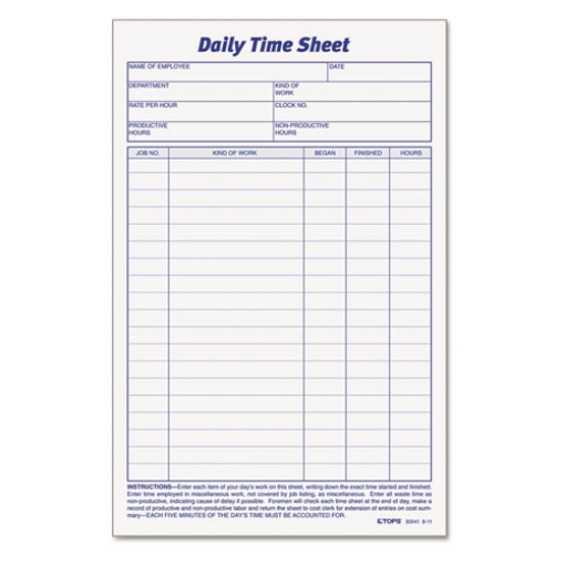 Picture of Daily Time and Job Sheets, One-Part (No Copies), 8.5 x 5.5, 200 Forms/Pad, 2 Pads/Pack