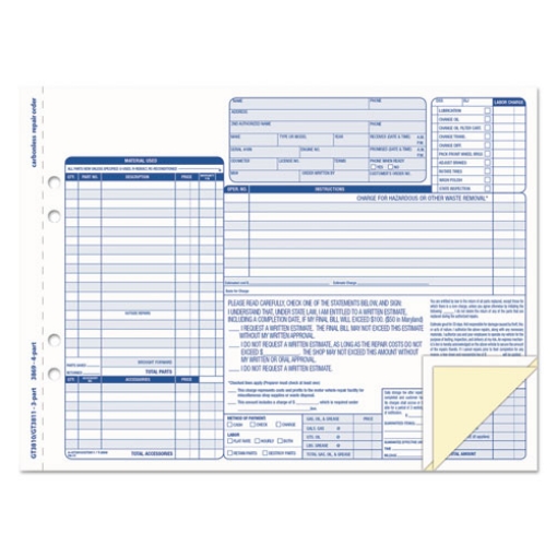 Picture of Auto Repair Four-Part Order Form, Four-Part Carbonless, 11 x 8.5, 50 Forms Total