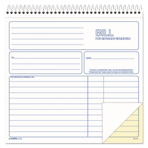 Picture of bill for services rendered book, two-part carbonless, 8.5 x 7.75, 50 forms total