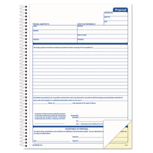 Picture of Spiralbound Proposal Form Book, Two-Part Carbonless, 11 x 8.5, 50 Forms Total