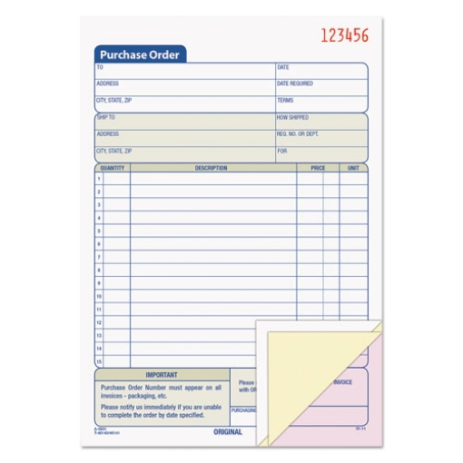 Picture of Purchase Order Book, 15 Lines, Three-Part Carbonless, 5.56 x 8.44, 50 Forms Total