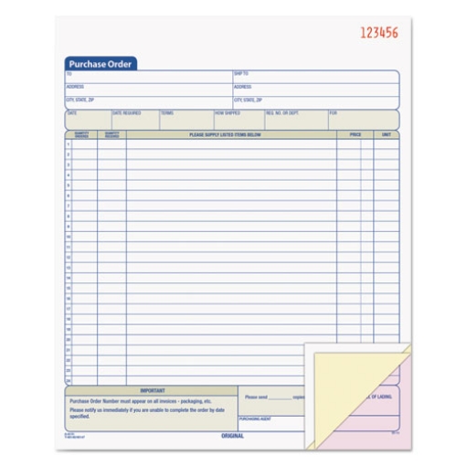 Picture of Purchase Order Book, 22 Lines, Three-Part Carbonless, 8.38 x 10.19, 50 Forms Total