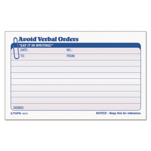 Picture of Avoid Verbal Orders Manifold Book, Two-Part Carbonless, 6.25 x 4.25, 50 Forms Total