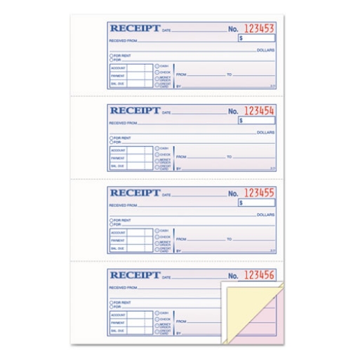 Picture of Money and Rent Receipt Book, Account + Payment Sections, Three-Part Carbonless, 7.13 x 2.75, 4 Forms/Sheet, 100 Forms Total