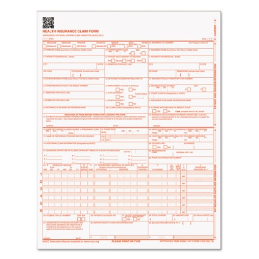 Picture of CMS-1500 Medicare/Medicaid Forms for Laser Printers, One-Part (No Copies), 8.5 x 11, 250 Forms Total