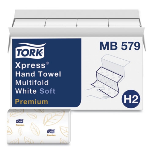 Picture of Premium Soft Xpress 3-Panel Multifold Hand Towels, 2-Ply, 9.13 x 9.5, White with Blue Leaf, 135/Packs, 16 Packs/Carton