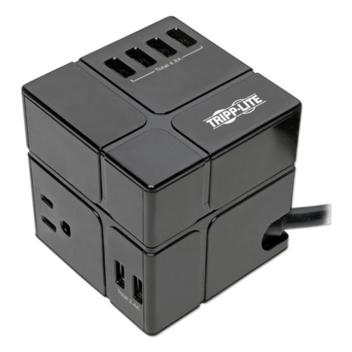 Picture of Power Cube Surge Protector, 3 AC Outlets/6 USB-A Ports, 6 ft Cord, 540 J, Black