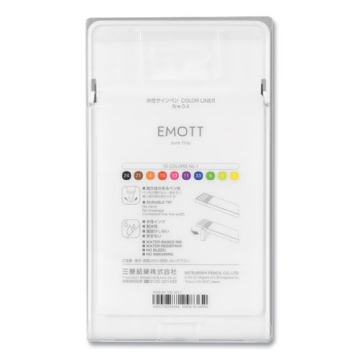 Picture of Emott Porous Point Pen, Stick, Fine 0.4 Mm, Assorted Ink Colors, White Barrel, 10/pack