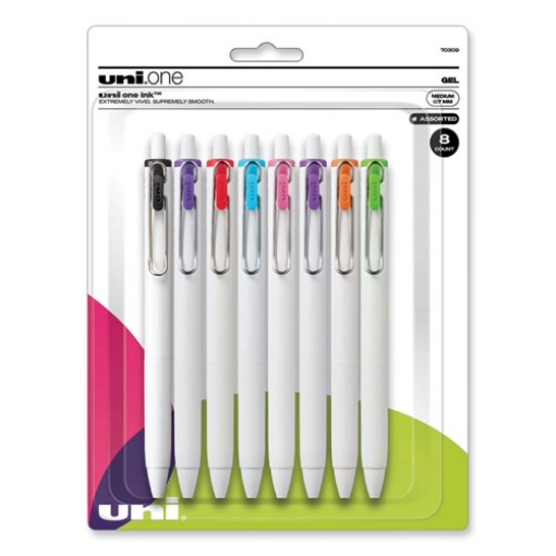 Picture of uniONE Gel Pen, Retractable, Medium 0.7 mm, Assorted Inspirational Ink Colors, Assorted Barrel Colors, 8/Pack