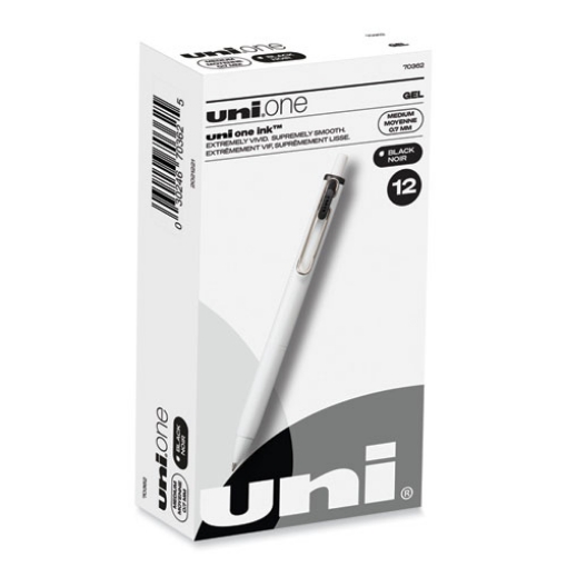 Picture of uniONE Gel Pen, Retractable, Medium 0.7 mm, Black Ink, White/Black Barrel, Dozen