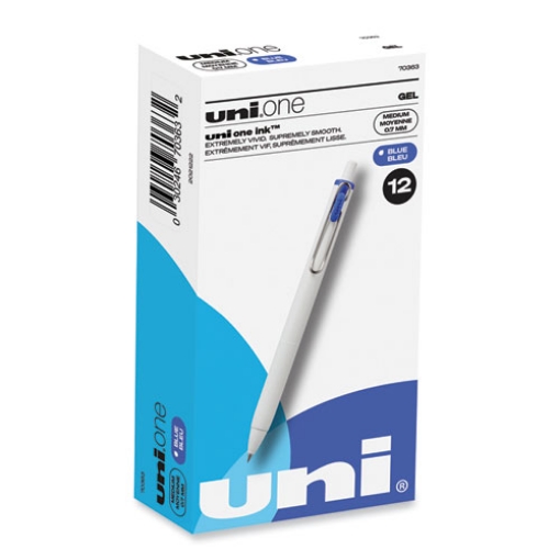 Picture of uniONE Gel Pen, Retractable, Medium 0.7 mm, Blue Ink, White/Blue Barrel, Dozen