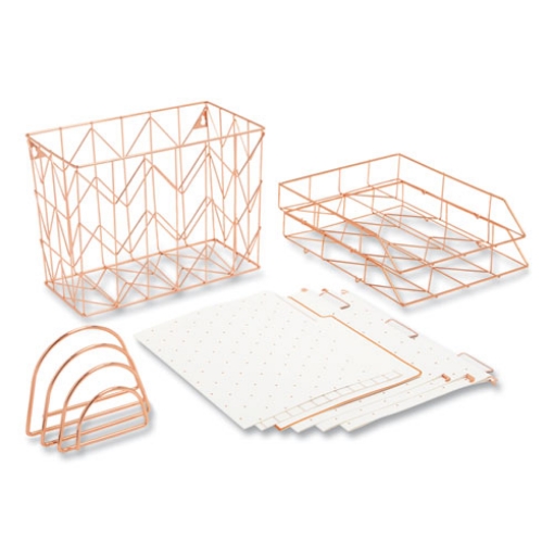 Picture of Letter-Size Desktop Fashion Filing Set, Rose Gold, (1) Rack, (3) Hanging Folders, (3) File Folders, (2) Trays,(1) Mail Sorter