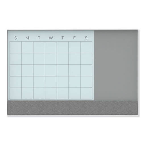 Picture of 3N1 Magnetic Glass Dry Erase Combo Board, 23 x 17, Month View, Gray/White Surface, White Aluminum Frame