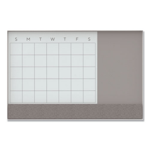 Picture of 3N1 Magnetic Glass Dry Erase Combo Board, 47 x 35, Month View, Gray/White Surface, White Aluminum Frame