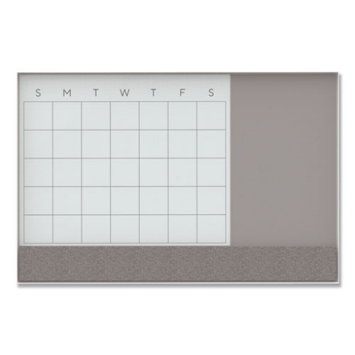 Picture of 3N1 Magnetic Glass Dry Erase Combo Board, 47 x 35, Month View, Gray/White Surface, White Aluminum Frame