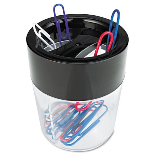 Picture of Round Magnetic Clip Dispenser, 2 Compartments, Plastic, 2.5" Diameter x 3"h, Black/Clear