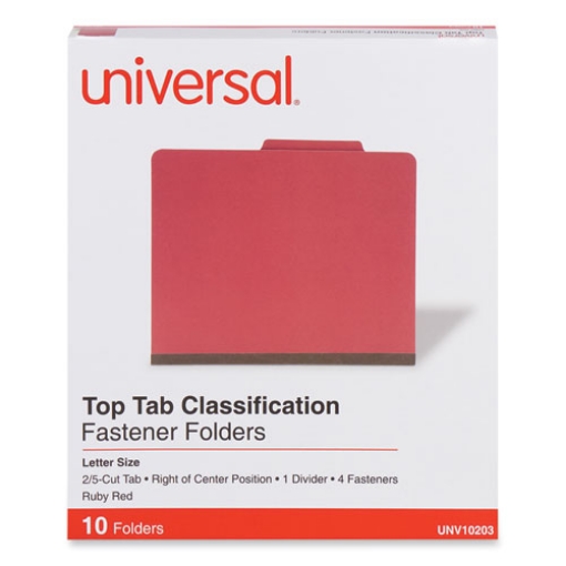 Picture of Bright Colored Pressboard Classification Folders, 2" Expansion, 1 Divider, 4 Fasteners, Letter Size, Ruby Red, 10/Box