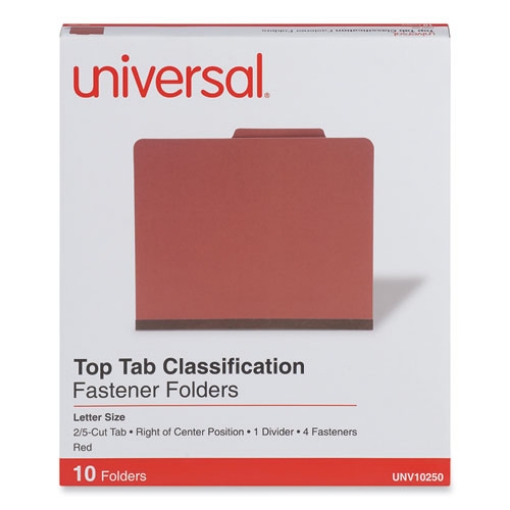 Picture of four-section pressboard classification folders, 2" expansion, 1 divider, 4 fasteners, letter size, red exterior, 10/box