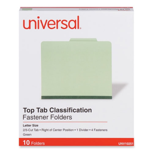 Picture of Four-Section Pressboard Classification Folders, 2" Expansion, 1 Divider, 4 Fasteners, Letter Size, Green Exterior, 10/Box