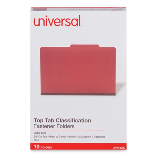 Picture of Six-Section Pressboard Classification Folders, 2" Expansion, 2 Dividers, 6 Fasteners, Legal Size, Red Exterior, 10/Box