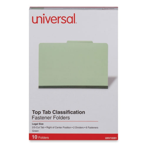 Picture of Six-Section Pressboard Classification Folders, 2" Expansion, 2 Dividers, 6 Fasteners, Legal Size, Green Exterior, 10/Box