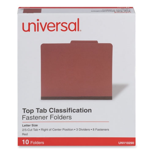 Picture of Eight-Section Pressboard Classification Folders, 3" Expansion, 3 Dividers, 8 Fasteners, Letter Size, Red Exterior, 10/Box