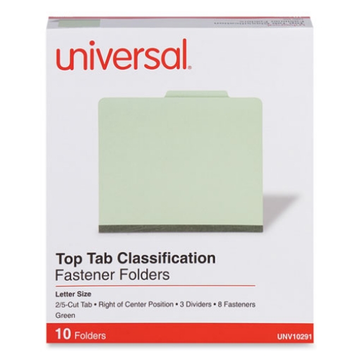 Picture of Eight-Section Pressboard Classification Folders, 3" Expansion, 3 Dividers, 8 Fasteners, Letter Size, Green Exterior, 10/Box