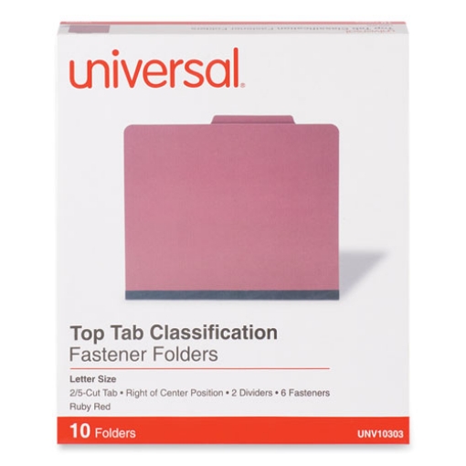 Picture of bright colored pressboard classification folders, 2" expansion, 2 dividers, 6 fasteners, letter size, ruby red, 10/box