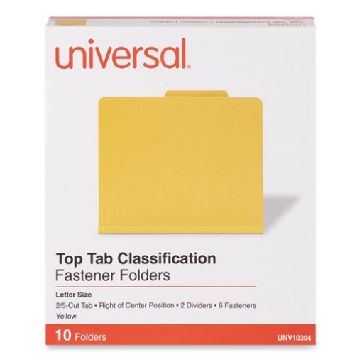 Picture of Bright Colored Pressboard Classification Folders, 2" Expansion, 2 Dividers, 6 Fasteners, Letter Size, Yellow Exterior, 10/Box