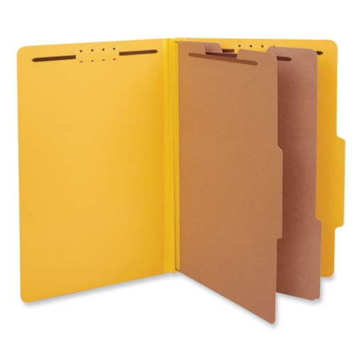 Picture of bright colored pressboard classification folders, 2" expansion, 2 dividers, 6 fasteners, legal size, yellow exterior, 10/box