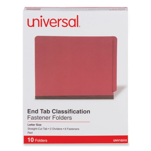 Picture of Red Pressboard End Tab Classification Folders, 2" Expansion, 2 Dividers, 6 Fasteners, Letter Size, Red Exterior, 10/Box