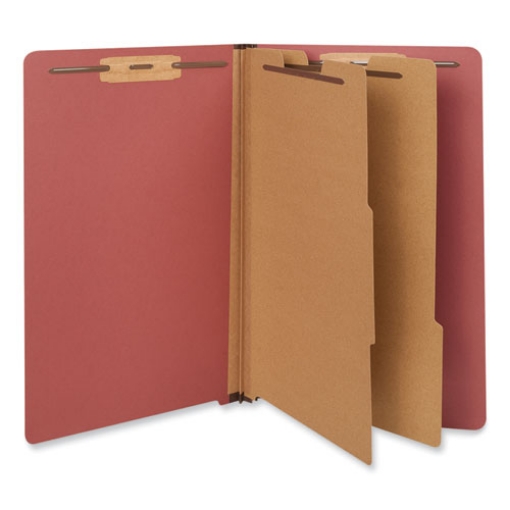 Picture of Red Pressboard End Tab Classification Folders, 2" Expansion, 2 Dividers, 6 Fasteners, Legal Size, Red Exterior, 10/Box