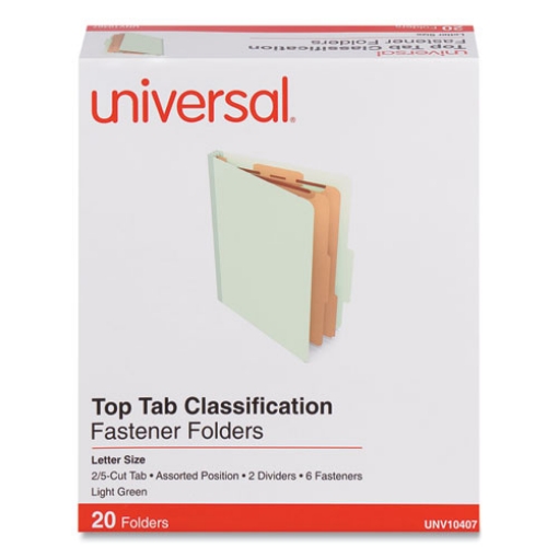 Picture of six-section classification folders, heavy-duty pressboard cover, 2 dividers, 6 fasteners, letter size, light green, 20/box