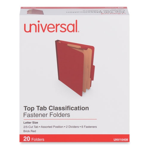 Picture of six-section classification folders, heavy-duty pressboard cover, 2 dividers, 6 fasteners, letter size, brick red, 20/box